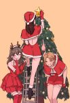  3girls animal_ears ass black_boots blush boots bra brown_hair capelet christmas christmas_lights christmas_ornaments christmas_tree closed_eyes commentary dress elbow_gloves english_commentary fake_animal_ears fake_antlers gloves grey_hair hand_on_own_cheek hand_on_own_face hat highres multiple_girls on_ladder original panties panty_pull pulling_own_clothes red_capelet red_dress red_machine santa_costume santa_dress santa_hat single_thighhigh star_(symbol) thighhighs underwear 