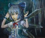  blue_background blue_eyes blue_hair bodice bow cirno embellished_costume hair_bow hands_up highres lips looking_at_viewer oil_painting_(medium) ribbon short_hair short_sleeves solo stalactite touhou traditional_media tsun_(tsutaya01) wings wrist_cuffs 