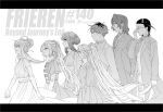  3boys 4girls absurdres adjusting_eyewear alternate_costume alternate_hairstyle aqua_eyes boo_br bow bowtie breasts coat commentary_request copyright_name dated expressionless facial_hair falsch_(sousou_no_frieren) fern_(sousou_no_frieren) frieren glasses goatee green_eyes greyscale hair_bun hair_slicked_back high_ponytail highres long_hair medium_breasts monochrome multiple_boys multiple_girls necktie pointy_ears ponytail purple_eyes red_eyes sein_(sousou_no_frieren) sense_(sousou_no_frieren) serie_(sousou_no_frieren) single_hair_bun sousou_no_frieren spot_color stark_(sousou_no_frieren) traditional_bowtie twintails very_long_hair vest yellow_eyes 