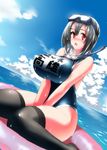  :o bare_shoulders black_hair black_legwear breasts cloud covered_nipples day gen_(black_factory) goggles goggles_on_head grey_hair highres huge_breasts innertube kantai_collection looking_at_viewer one-piece_swimsuit red_eyes school_swimsuit short_hair sitting snorkel solo swimsuit takao_(kantai_collection) thighhighs thighs translated wariza water wet 