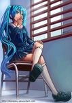  aqua_eyes aqua_hair crossed_legs hatsune_miku kneehighs kuraiaku long_hair school_uniform serafuku sitting skirt solo twintails very_long_hair vocaloid window 