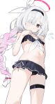  1girl bikini black_bikini black_eyes black_hairband blue_archive blush bow braid breasts closed_mouth hair_bow hair_over_one_eye hairband halo highres long_hair measho multicolored_hair navel pink_hair plana_(blue_archive) red_halo simple_background small_breasts solo swimsuit thigh_strap two-tone_hair very_long_hair white_background white_bow white_hair 