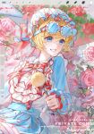  1girl blonde_hair blue-tinted_eyewear blue_eyes blue_skirt bow bowtie candy chinese_commentary commentary_request dress eyewear_on_head flower food frills fruit grin hat highres holding holding_wand jewelry lollipop long_sleeves mantaoye mob_cap original pink_bow pink_flower pink_rose puffy_sleeves red_bow red_bowtie ribbon rose shirt short_hair skirt smile solo sunglasses teeth tinted_eyewear wand watermark white_shirt 