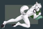  2018 anthro backsack balls black_fur black_nose canid canine canis digital_media_(artwork) fangs fur green_eyes hair hi_res looking_at_viewer lying male mammal markings muscular muscular_male nowolf nude on_front on_ground patrikthedog pawpads paws pecs pillow pinup pose simple_background smile solo teeth white_fur white_hair wolf 