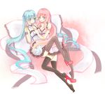  aqua_hair blue_eyes blush breasts cleavage dress hand_on_another's_chest hatsune_miku high_heels long_hair medium_breasts megurine_luka multiple_girls pillow pink_hair shoe_dangle smile thighhighs twintails vocaloid yumasuke_(yuriko30) yuri zettai_ryouiki 