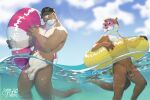 2023 anthro asian_small-clawed_otter balls baseball_cap big_balls biped brown_body brown_fur clothing duo eyewear fur furry-specific_brand genitals giant_otter glans glasses half-erect hat hat_over_eyes headgear headwear hi_res humanoid_genitalia humanoid_penis inflatable inner_tube lars_(rudderbutts) male mammal muscular muscular_anthro muscular_male mustelid nude_anthro nude_male otter outside partially_submerged penis river_otter round_glasses rudderbutts saggy_balls sami_(rudderbutts) sea senor_nutria sky swimming water whiskers