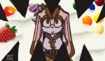  1girl animal_ears artzy-ari brown_eyes commentary corset cosplay english_commentary furry furry_female hat looking_up magical_girl mahou_shoujo_madoka_magica mami_mogu_mogu orange_hair parted_lips pink_fur pink_lips rabbit_ears rabbit_girl ribbon shirt signature skirt sonic_(series) tomoe_mami tomoe_mami_(cosplay) underbust vanilla_the_rabbit white_background white_shirt yellow_ribbon yellow_skirt 