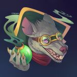 1:1 2019 anthro blue_background bomb buckteeth claws explosives eyewear fangs fur goggles grey_body grey_fur gums headshot_portrait holding_bomb kerchief league_of_legends looking_at_viewer lurelin male mammal mischevious murid murine notched_ear open_mouth open_smile pink_eyes portrait rat riot_games rodent sharp_teeth signature simple_background smile smiling_at_viewer smoke solo teeth tencent twitch_(lol)