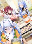  +++ 3girls alternate_costume amesui animal_ear_fluff animal_ears apron blurry blurry_background blush blush_stickers bow braid carrot carrot_hair_ornament closed_eyes cookie don-chan_(usada_pekora) dutch_angle facing_viewer flirting food food-themed_hair_ornament gloves green_apron grey_hair hair_ornament hair_ribbon handkerchief happy hashtag-only_commentary heart-shaped_mouth highres holding holding_handkerchief hololive horrified houshou_marine indoors laughing long_hair looking_at_viewer mixing_bowl multiple_girls orange_bow pekomama pekomama_(1st_costume) pink_apron pink_slippers rabbit_ears rabbit_girl rabbit_tail red_hair red_ribbon ribbon sidelocks single_braid slippers smile standing stirring table tail turn_pale twin_braids twintails usada_pekora whisk white_gloves wooden_table 