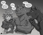 2026 ahoge anthro armor bracers brother_(lore) brothers_(lore) canid canine canis claws cloak clothing dialogue eclair_(spicymancer) english_text female finger_claws fluffy_fur greyscale group hair human inner_ear_fluff larger_anthro larger_male male mammal monochrome muscular muscular_anthro muscular_male no_pupils nude open_mouth rammionn sharp_teeth shirt sibling_(lore) size_difference smaller_female smaller_human smile sparkles speech_bubble teeth text topwear trading_card trading_card_game trio tuft white_eyes wolf