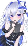  1girl amane_kanata amane_kanata_(work) asymmetrical_bangs belt black_dress black_gloves black_skirt blue_belt blue_hair blue_skirt blush candy chocolate closed_mouth colored_inner_hair dress food gloves gradient_clothes gradient_skirt gradient_wings grey_hair hair_between_eyes hair_ornament hairclip halo heart heart-shaped_chocolate heart-shaped_food high_collar highres hololive jacket jewelry long_hair long_sleeves looking_at_viewer low_twintails multicolored_hair multicolored_wings necklace official_alternate_costume official_alternate_hair_length official_alternate_hairstyle pleated_skirt purple_eyes simple_background single_hair_intake sitting skirt solo star_(symbol) star_halo star_necklace streaked_hair twintails virtual_youtuber white_background white_jacket white_wings wings yogur_0311 