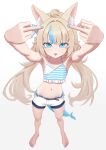  1girl :p absurdres ahoge animal_ears arms_up bare_shoulders barefoot bikini blonde_hair blue_bikini blue_eyes blue_hair blunt_bangs cat_ears closed_mouth commentary double_middle_finger english_commentary fins fish_tail flat_chest full_body furrowed_brow highres indie_virtual_youtuber jedd_(jeddisorange) legs_apart long_hair looking_at_viewer low_twintails middle_finger multicolored_bikini multicolored_hair nail_polish navel sameko_saba sameko_saba_(1st_costume) short_shorts shorts simple_background smile solo standing stomach streaked_hair striped_bikini striped_clothes swimsuit tail toenail_polish toenails tongue tongue_out twintails two-tone_bikini two-tone_hair virtual_youtuber white_background white_shorts 