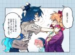  3girls anger_vein angry bangle blue_bow blue_eyes blue_hair blue_shirt blue_skirt blush bow bracelet closed_eyes coat commentary_request crossed_arms dress drill_hair earrings eye_contact grey_hoodie hair_bow hood hoodie jewelry long_hair looking_at_another multiple_girls necklace okunoda_miyoi open_clothes open_coat open_mouth pendant pink_coat pink_hair re_ghotion shirt short_sleeves siblings sisters skirt smile speech_bubble sweatdrop touhou translation_request very_long_hair whale_hat white_dress yorigami_jo'on yorigami_shion 