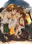  ahoge bad_id bad_pixiv_id bare_shoulders brown_hair cloud detached_sleeves frilled_skirt frills hagino_makoto hairband hands_on_another's_cheeks hands_on_another's_face headgear hiei_(kantai_collection) japanese_clothes kantai_collection kongou_(kantai_collection) long_hair looking_at_another multiple_girls open_mouth pantyhose plaid plaid_skirt ribbon-trimmed_sleeves ribbon_trim short_hair skirt sky thighhighs torn_clothes twilight yuri zettai_ryouiki 