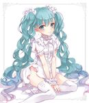  aqua_eyes aqua_hair bad_id bad_pixiv_id bow bowtie dress earrings frills hatsune_miku jewelry long_hair no_panties ribbon scrunchie sitting smile solo thighhighs tukino_(panna) twintails very_long_hair vocaloid white_background white_dress white_legwear yokozuwari 