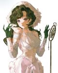  1girl anjo_nala black_hair coif commentary corset cowboy_shot gloves green_gloves grin hands_up hat highres long_hair looking_at_viewer microphone microphone_stand neckerchief pehnut_. pinstripe_pattern pinstripe_shirt purple_eyes reverse:1999 shirt smile solo striped_clothes striped_shirt vertical-striped_clothes vertical-striped_shirt vintage_microphone white_corset white_hat white_neckerchief white_shirt 