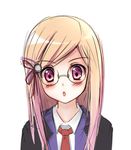  blonde_hair blush glasses long_hair looking_at_viewer majolica_le_fay necktie ookami-san purple_eyes rennkuu simple_background solo upper_body white_background 