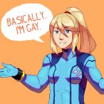  1girl blonde_hair blue_eyes bodysuit breasts english_text eyebrows eyebrows_visible_through_hair frogbians long_hair looking_at_viewer medium_breasts metroid nintendo orange_background parted_lips ponytail samus_aran simple_background smile solo standing text_focus tied_hair zero_suit 