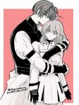  1boy 1girl ahoge blush commentary_request dress fate/grand_order fate_(series) fujimaru_ritsuka_(female) fujimaru_ritsuka_(female)_(decisive_battle_chaldea_uniform) gloves greyscale_with_colored_background hair_between_eyes harada_sanosuke_(fate) highres hug isugiinukawa japanese_clothes long_sleeves looking_at_viewer monochrome scar scar_on_arm shirt short_hair sleeveless 