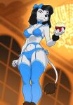 accessory alcohol amberpendant beverage biped black_hair black_nose blue_bra blue_clothing blue_legwear blue_panties blue_stockings blue_underwear bow_ribbon bra breasts canid canine canis clothing container cup domestic_dog drinking_glass female floppy_ears front_view fur garter_belt garter_straps glass glass_container glass_cup grey_body grey_fur hair hair_accessory hair_bow hair_ribbon hi_res holding_container holding_cup holding_drinking_glass holding_object holding_wine_glass legwear low-angle_view mammal neck_tuft panties poodle princess_(nicoya) ribbons solo standing stockings tail tail_tuft thigh_highs tuft underwear wine wine_glass