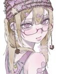  1girl aegyo_sal bandaid bandaid_on_arm beanie blonde_hair caru_c1 center-flap_bangs closed_mouth commentary cross_hat_ornament ear_piercing expressionless eyebrow_piercing face_piercing glasses hair_between_eyes hat highres long_hair looking_at_viewer original pierced_hat piercing pink-framed_eyewear pink_eyes pom_pom_(clothes) pom_pom_beanie safety_pin semi-rimless_eyewear simple_background solo twintails untranslatable_commentary upper_body white_background 