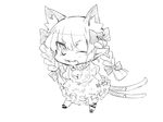  akagashi_hagane animal_ears bad_id bad_pixiv_id braid cat_ears cat_tail chibi extra_ears greyscale kaenbyou_rin long_hair looking_at_viewer monochrome multiple_tails one_eye_closed open_mouth pointy_ears simple_background smile solo tail touhou twin_braids white_background 