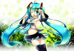  ahoge aqua_hair armpits artist_name detached_sleeves green_eyes hatsune_miku headset long_hair mikoko_(mg2) navel necktie one_eye_closed open_mouth panties paw_pose skirt solo star striped striped_panties tattoo thighhighs twintails underwear very_long_hair vocaloid 