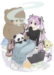  1girl absurdres artist_name atari_(sakamoto_days) bag baggy_pants belt black_eyes black_shirt blue_pants blush_stickers book book_stack breasts cigarette closed_mouth commentary_request computer crumpled_paper curtained_hair from_above full_body fur_wrist_cuffs heart highres holding holding_cigarette jewelry laptop long_hair long_sleeves looking_at_viewer multiple_hair_ribbons multiple_rings pants pillow pink_belt pink_hair ring sakamoto_days shirt shoes shopping_bag simple_background sitting smoke smoke_trail smoking solo star_(symbol) stuffed_animal stuffed_panda stuffed_toy teddy_bear twintails user_aggf4548 very_long_hair white_background white_shoes wrist_cuffs 