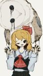  1girl absurdres animal animal_on_shoulder ascot bird bird_on_shoulder black_vest blonde_hair bow claws commentary_request dripping dripping_eye frilled_ascot frills hair_bow hands_up highres long_sleeves looking_at_viewer medium_hair neruzou one_eye_closed open_mouth oversized_animal owl red_ascot red_bow rumia shirt smile solo standing touhou upper_body vest white_shirt 
