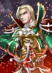  1boy armor blonde_hair cape cravat male male_focus raphael_sorel red_eyes solo soul_calibur soulcalibur_iii sword vlad=emon weapon 