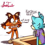 aloha_shirt anthro badger blush bodily_fluids bottomless bottomless_female breasts cash_register clothed clothing dialogue domestic_cat duo felid feline felis female footwear genitals hairy_vulva hi_res jewelry looking_down male mammal mustelid musteline navel necklace pattern_clothing pattern_shirt pattern_topwear pubes sega shirt shoes sonic_boom sonic_the_hedgehog_(series) sticks_the_jungle_badger sussytomato sweat sweatdrop tail topwear tube_top vulva