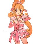  aida_mana blonde_hair bow character_name cure_heart dokidoki!_precure half_updo heart heart_hands long_hair owarine_miku pink_bow pink_hair pink_sleeves ponytail precure simple_background solo white_background 