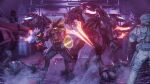  16:9 2_toes 3_fingers 3_toes 3d_(artwork) alien anthro armor avian colored death digital_media_(artwork) digitigrade energy_shield energy_sword energy_weapon feather_hair feathered_crest feathers feet fight fingers glowing glowing_eyes group gun halo_(series) head_crest hi_res holding_gun holding_object holding_ranged_weapon holding_weapon human impalement kig-yar mammal melee melee_weapon microsoft needler odst offscreen_character offscreen_human plasma_pistol pseudo_hair ranged_weapon sangheili scalie shootout stab submachine_gun sword synca t'vaoan toes weapon widescreen xbox_game_studios yellow_body yellow_eyes yellow_feathers 
