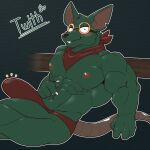 1:1 2023 abs anthro biceps blush buckteeth bulge claws clothing croiyan crossed_legs deltoids detailed_bulge eyewear fur genital_outline goggles green_body green_fur half-closed_eyes hand_on_belly hi_res kerchief league_of_legends looking_at_viewer male mammal misspelling murid murine muscular muscular_anthro muscular_male narrowed_eyes nipples notched_ear pecs penis_outline rat rat_tail riot_games rodent sitting smile smiling_at_viewer solo speedo swimwear tail teeth tencent text triceps twitch_(lol)