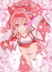  1girl absurdres animal_ears bandaid bandaid_on_leg bow breasts buruma cherry_blossoms clenched_teeth collarbone commentary ear_bow ear_covers fingerless_gloves fire flower-shaped_pupils flower_in_eye gloves hairband haru_urara_(bestest_prize)_(umamusume) haru_urara_(umamusume) headband highres horse_ears horse_girl horse_tail jacket long_hair open_clothes open_jacket open_mouth petals pink_buruma pink_eyes pink_hair pink_headband ponytail purple_fire red_buruma red_gloves red_headband reishi_(litvyak) running shirt shorts smile socks solo striped_clothes striped_socks symbol-shaped_pupils symbol_in_eye tail teeth umamusume untranslatable_commentary white_jacket white_shirt white_socks 