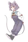  akagashi_hagane animal_ears arms_behind_back bad_id bad_pixiv_id grey_hair looking_at_viewer mouse_ears mouse_tail nazrin overalls red_eyes short_hair simple_background solo tail touhou white_background 