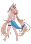  1girl absurdres ahoge animal_ears bare_shoulders barefoot bikini blonde_hair blue_bikini blue_eyes blue_hair blunt_bangs bow cat_ears commentary english_commentary fins fish_tail from_behind full_body hair_bow highres indie_virtual_youtuber jedd_(jeddisorange) legs_apart lifebuoy_hair_ornament long_hair looking_at_viewer looking_back low_twintails multicolored_bikini multicolored_hair open_mouth sameko_saba sameko_saba_(1st_costume) short_shorts shorts simple_background smile solo standing streaked_hair striped_bikini striped_clothes swimsuit tail turning_head twintails two-tone_bikini two-tone_hair very_long_hair virtual_youtuber white_background white_shorts 