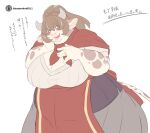 absurd_res anthro apron artist_logo artist_name big_breasts blush bovid bovine breasts brown_body brown_fur brown_hair cape cattle cleavage clothed clothing dress female female_anthro fur grey_clothing grey_dress grey_hair hair hand_on_cheek hand_on_chest head_tilt hi_res holstein_friesian_cattle huge_breasts japanese_text logo long_hair looking_at_viewer mammal open_mouth orange_eyes overweight overweight_anthro overweight_female ponytail red_apron red_cape red_clothing sasanoha6011 simple_background smile solo tail text translation_request white_background white_body white_fur
