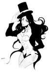  1girl blazer bow bowtie breasts cleavage dc_comics female fishnets hat kokle long_hair looking_at_viewer magician monochrome simple_background solo top_hat tophat white_background zatanna_zatara 