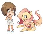  2girls brown_eyes brown_hair chibi closed_mouth commentary_request crossover dress feathered_wings fluttershy green_eyes hagiwara_yukiho idolmaster idolmaster_(classic) kennymoney long_hair looking_at_another multiple_girls my_little_pony my_little_pony:_friendship_is_magic pegasus pink_hair scared short_hair simple_background single_tear transparent_background white_dress wings yellow_fur 