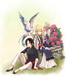  animal animal_on_shoulder bird bird_on_hand bird_on_shoulder black_hair blonde_hair blue_eyes blush bush chinese_clothes christa_renz flower freckles green_background knees_up leaf multiple_girls pants pink_flower pink_rose plant ponytail rose shingeki_no_kyojin short_hair simple_background sitting sleeves_pushed_up smile spread_legs tanpi ymir_(shingeki_no_kyojin) 