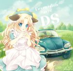  animal_ears apron blonde_hair blue_eyes blush car citroen citroen_ds day dress fox_ears fox_tail ground_vehicle hanakomiti hat long_hair motor_vehicle open_mouth original ribbon sky solo tail very_long_hair wavy_hair 