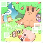  apple border commentary_request food food_on_face fruit highres holding holding_plate hosimaru_kirby kirby kirby_(series) meta_knight no_humans onigiri open_mouth outdoors picnic plate sandwich thermos waddle_dee whispy_woods white_border 