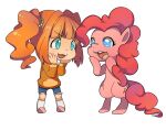  2girls :3 blue_eyes chibi commentary_request crossover cutie_mark eye_contact green_eyes idolmaster idolmaster_(classic) kennymoney long_sleeves looking_at_another multiple_girls my_little_pony my_little_pony:_friendship_is_magic open_mouth orange_hair orange_sweater pink_fur pink_hair pinkie_pie pony_(animal) rearing shorts simple_background standing sweater takatsuki_yayoi transparent_background twintails v-shaped_eyebrows 