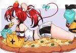  1girl absurdres animal_ears ass asymmetrical_legwear asymmetrical_sleeves bare_shoulders black_gloves black_hair blue_eyes bow detached_sleeves eating food gloves hakos_baelz hakos_baelz_(1st_costume) heart highres holding holding_food holding_pizza hololive hololive_english lying mouse_ears mouse_tail multicolored_hair multicolored_skirt on_stomach one_eye_closed pizza red_hair shoes single_glove skirt soup_(soupysoull) spoken_heart tail tail_bow tail_ornament thick_thighs thighs twintails uneven_twintails virtual_youtuber white_hair 