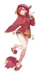  1girl akane_lize animal_ear_hood black_shorts coat commentary creature cross cross_earrings dolphin_shorts earrings full_body grey_eyes hand_up highres hood hood_up hooded_coat jewelry kneehighs leg_up long_hair long_sleeves looking_at_viewer multicolored_hair open_mouth parted_bangs pienna_(akane_lize) pink_socks red_coat red_hair red_slippers ritae short_shorts shorts simple_background slippers smile socks solo standing standing_on_one_leg stellive streaked_hair striped_clothes striped_socks untranslatable_commentary virtual_youtuber white_background 