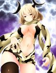  blonde_hair blush breasts brown_eyes brown_legwear eleking highres large_breasts md5_mismatch navel personification short_hair single_thighhigh solo thighhighs ultra_kaijuu_gijinka_keikaku ultra_series watarui 