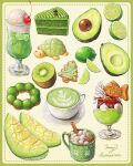  animal-themed_food artist_name avocado border bread cake cake_slice cherry coffee_mug commentary cookie cup donut drinking_glass english_commentary food food_focus fruit goblet_glass green_border highres honeydew_(fruit) hot_chocolate hurricane_glass ice_cream ice_cream_float kiwi_(fruit) lime_(fruit) lime_slice marshmallow matcha_(food) may_illust5 melon melon_bread melon_soda mug no_humans original outside_border pon_de_ring saucer strawberry taiyaki teacup wagashi whipped_cream 