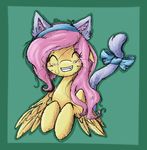  animal_ears blush bow cat_ears equine eyes_closed female feral fluttershy_(mlp) friendship_is_magic fur hair happy hi_res long_hair mammal musicglare my_little_pony open_mouth pegasus pink_hair plain_background sharp_tooth smile solo teeth whiskers wings yellow_fur 