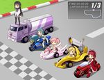  akemi_homura akira argyle argyle_legwear armband black_hair blonde_hair blue_hair blush_stickers bow cannon cape car food gloves ground_vehicle hair_bow hair_ornament hairclip kaname_madoka long_hair magical_girl mahou_shoujo_madoka_magica mahou_shoujo_madoka_magica_movie miki_sayaka motor_vehicle motorcycle multiple_girls on_motorcycle pantyhose parody pink_hair pocky ponytail racecar red_hair sakura_kyouko shian_(my_lonly_life.) short_hair short_twintails soul_gem tank_truck thighhighs tomoe_mami truck twintails 